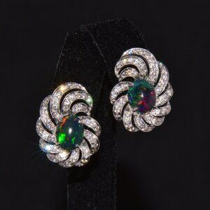 Certified Natural VS F Diamond Black Opal 18K Solid Gold Cocktail Earrings